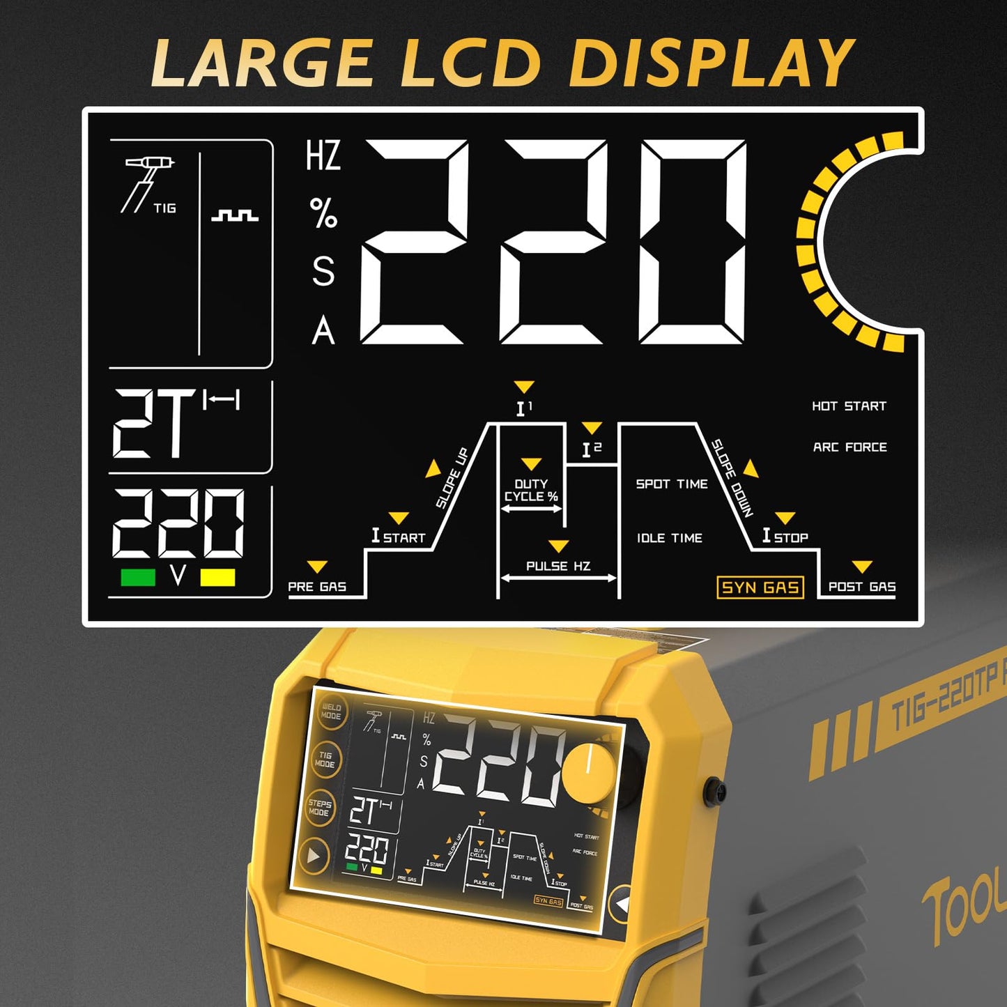 TOOLIOM 220A Cold TIG Welder with DC Pulse, 7 In 1 Cold Spot Lift TIG/Stick Welder with IGBT Inverter, 110&220V Welding Machine with Large Digital Display 2T/4T/4T Repeat Mode TIG Welding Equipment