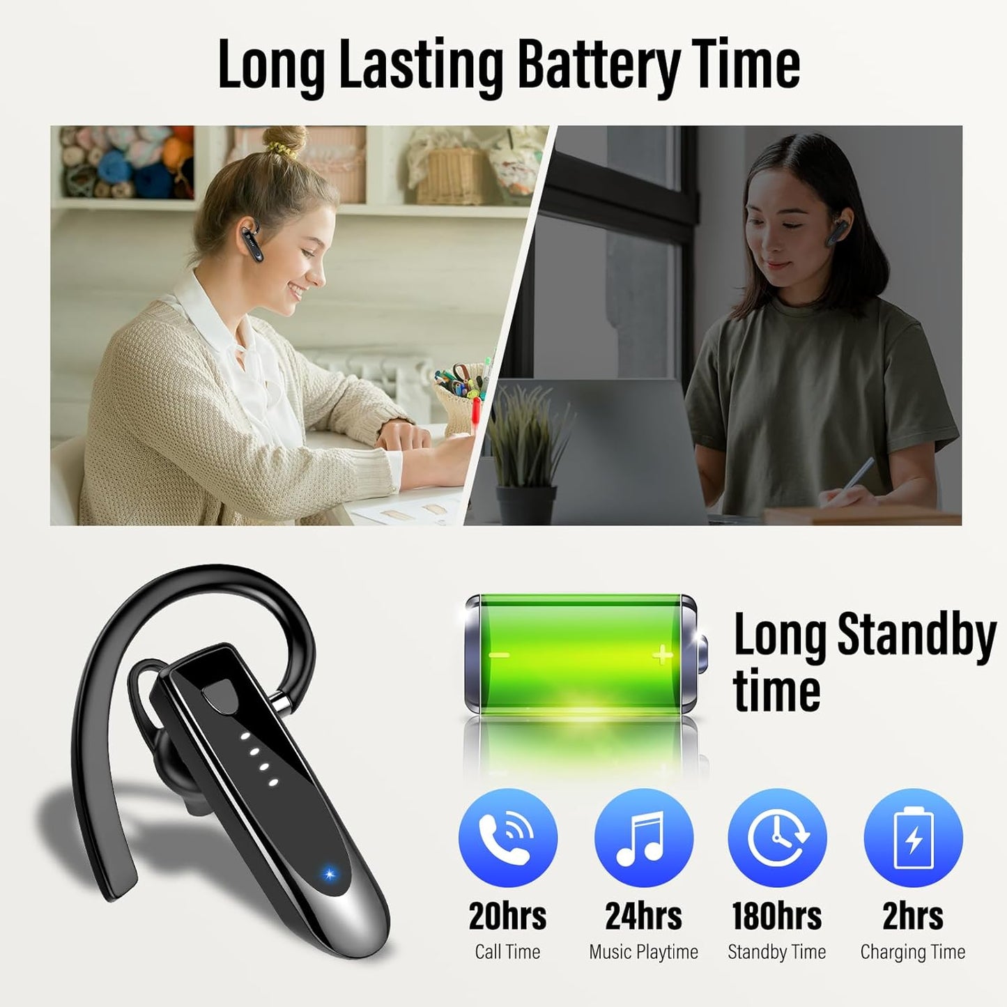 20Hrs 5.4 Headset, 180 Headset Atheewon Bluetooth Earpiece, Wireless Handsfree with Noise Cancelling Mic, Call Time