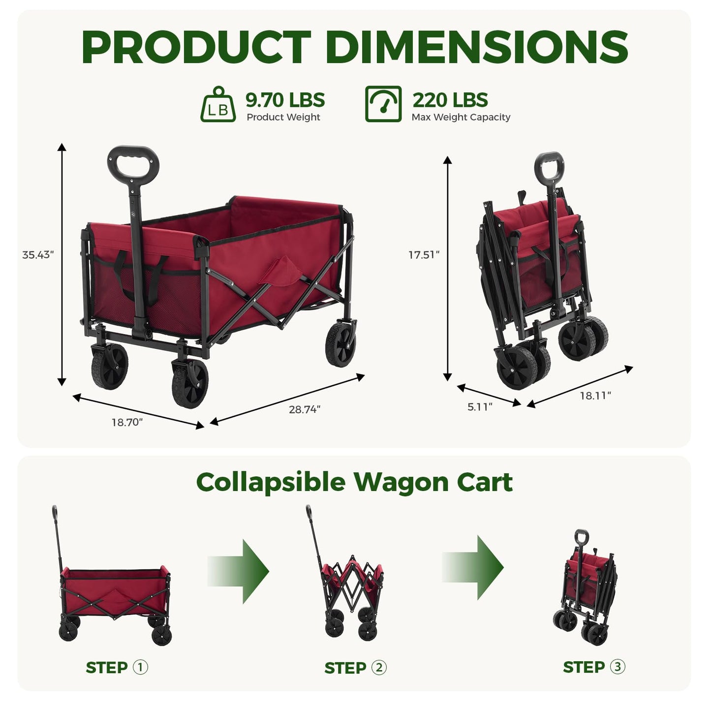 DUMOS Collapsible Wagon Cart, Heavy Duty Foldable Utility Wagon with Wheels – 220 lbs Capacity, Flexible Handle for Beach, Garden, Sports, Grocery & Camping, Red