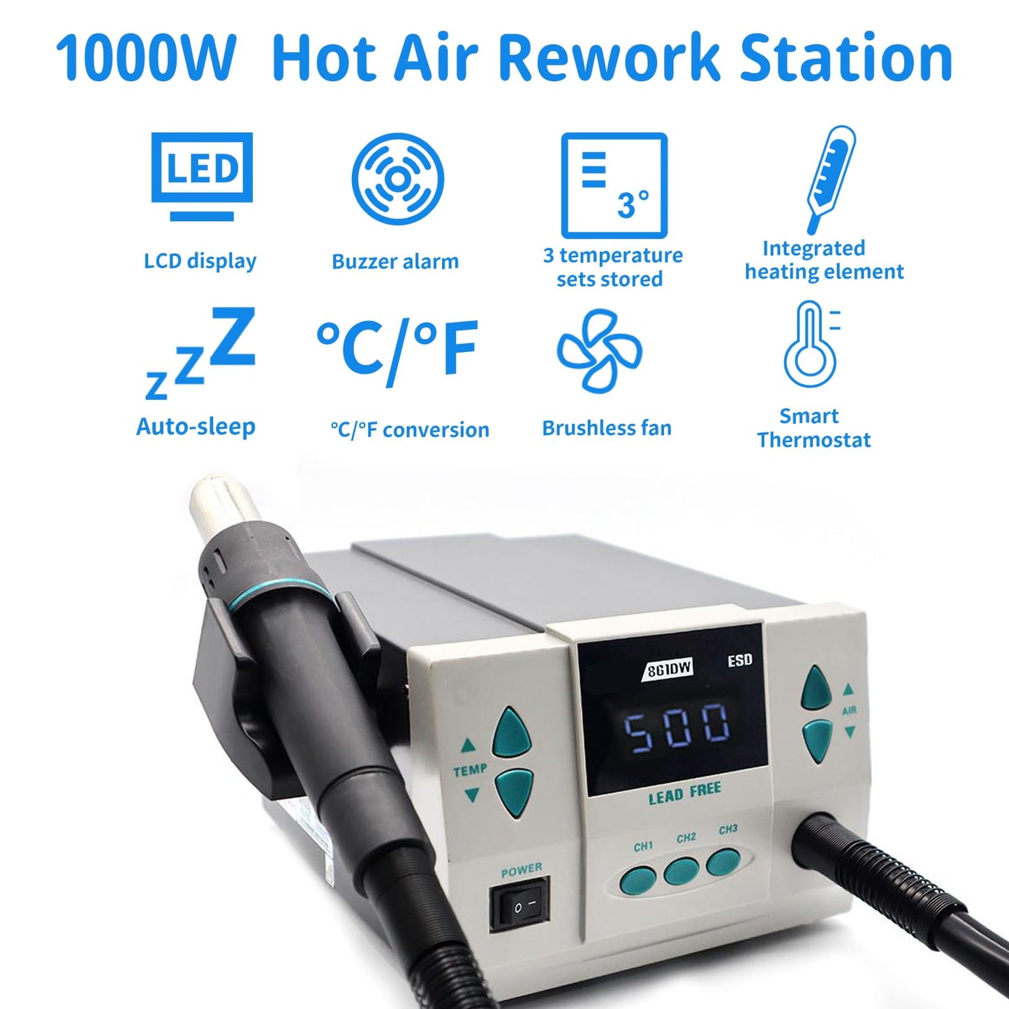 861DW Hot Air Rework Station,1000W Hot Air Station, 110V Desoldering Gun Hot Air Soldering Station Can Be Used for BGA Chip Soldering, Digital Maintenance (With 7 Nozzles)