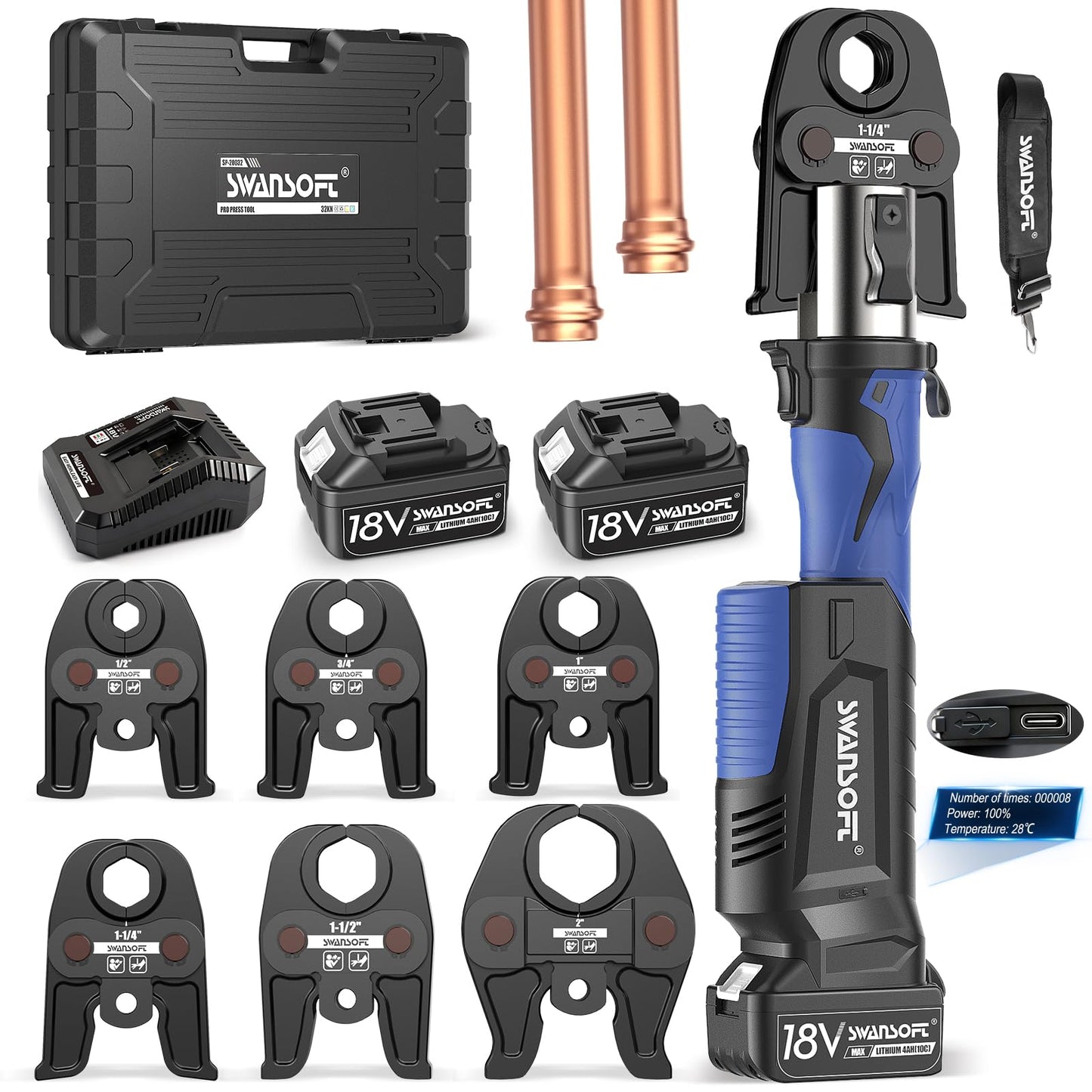 SWANSOFT Pro Press Tool for Copper Pipes, 32kN Pro Press Tool Kit with 6 US Standard Jaws 1/2", 3/4'', 1", 1-1/4", 1-1/2", 2", 18V Brushless Motor Electric Pipe Crimping Tool with 2Pcs 4Ah Battery