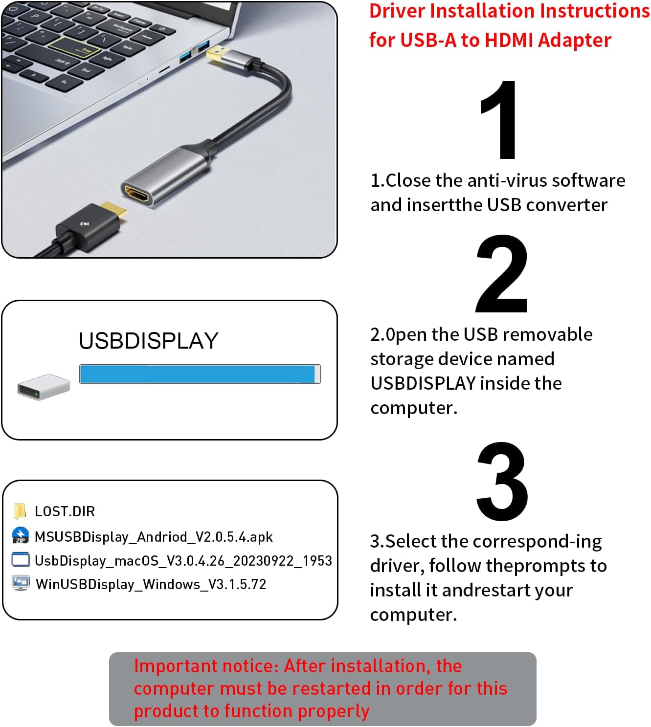 Reborn 1080P@60Hz 3.0 7/8/10/11 USB to HDMI Adapter, USB Male to HDMI Female Multi-Display Cable Converter Suitable