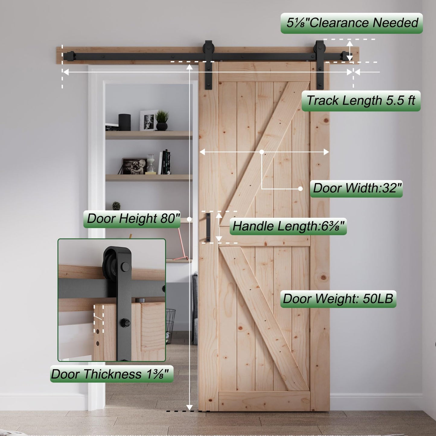 FREDBECK 32in x 80in Sliding Barn Door with 5.5FT Barn Door Hardware Kit Included Wood K Shape Solid Spruce Panel Need to Assembly