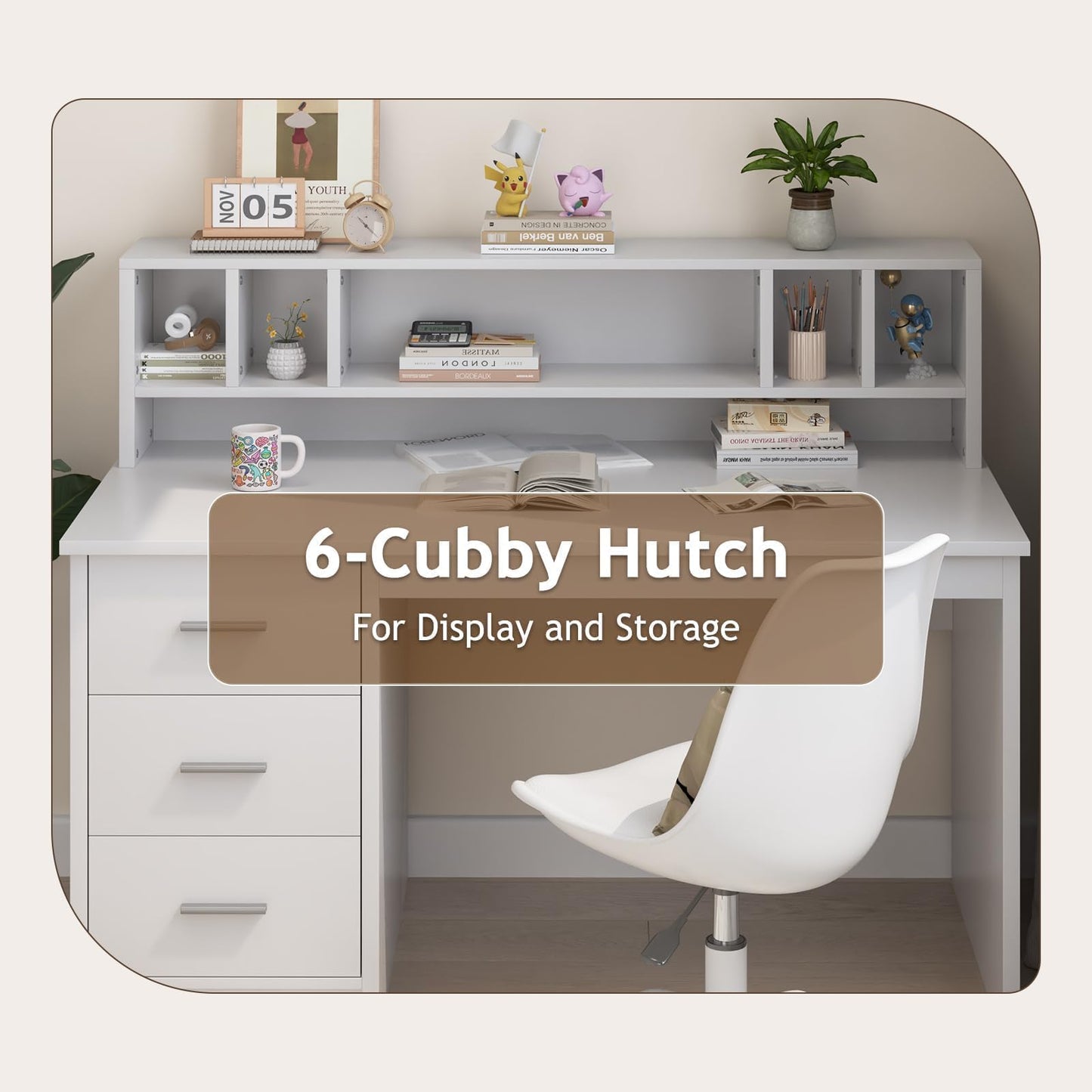 MaverickFurni White Desk with Drawers, 46" Home Office Desk with Hutch and Storage, Small Desk with 3 Drawers for Bedroom, White