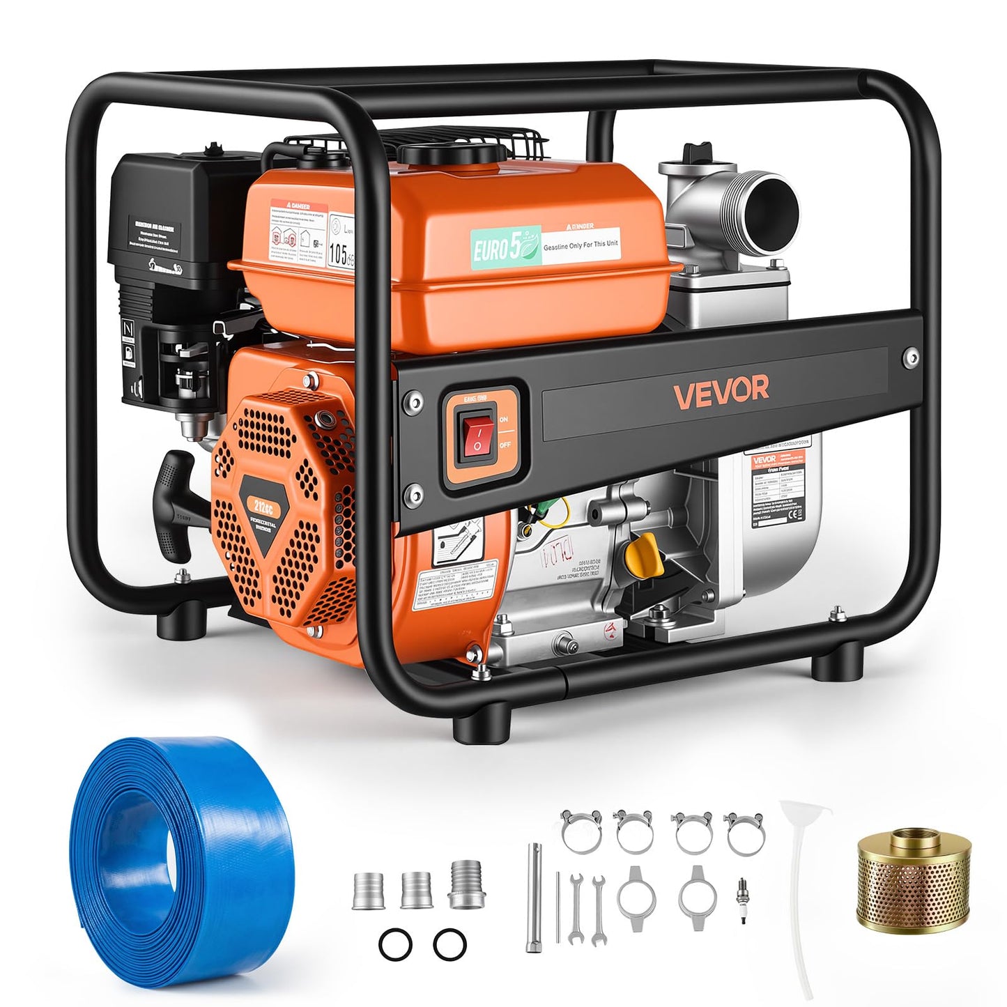 VEVOR Gas Powered Water Pump, 2 in, 158 GPM 7HP Semi Trash Water Transfer Pump Portable, Gasoline Engine with 25 ft Discharge Hose, Heavy Duty Frame, Cast Iron Impeller, for Irrigation, Ponds, Pools