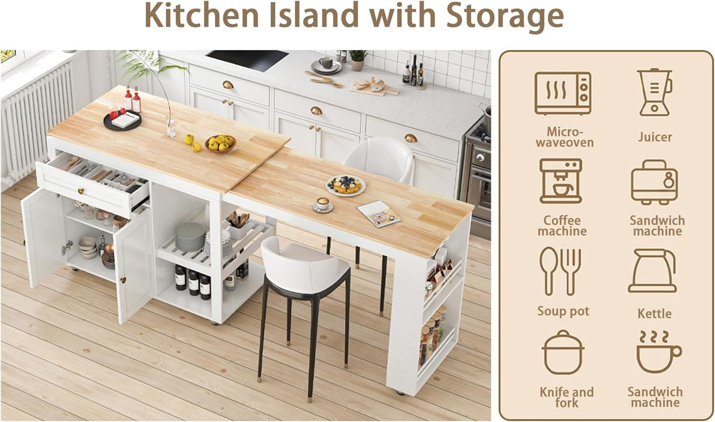 DalyLuxa 78"-49" Extendable Rolling Kitchen Island with Extended Dining Table, Mobile Kitchen Storage Islands with Storage Drawers, 2-Tier Storage Shelf, White