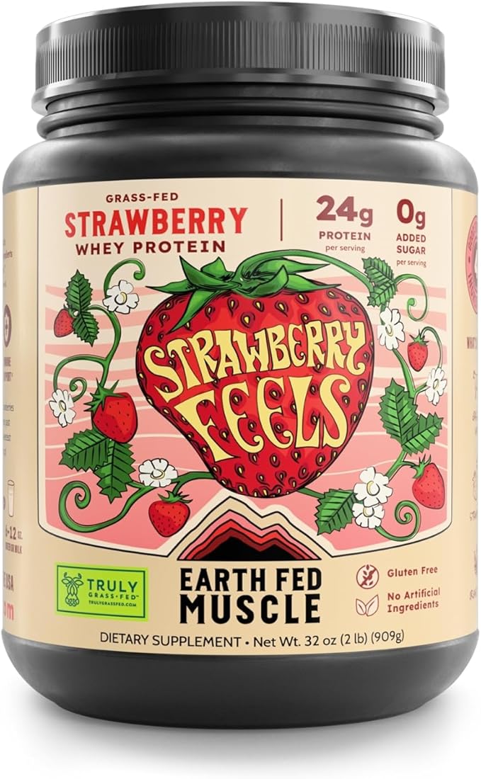 Earth Fed Muscle Strawberry?¯Feels??Forever) ??Irish Truly Grass?‘Fed Whey Protein Isolate, No Sugar, Soy?‘Free, Gluten?‘Free (2 lb, 29 Servings, Strawberry)
