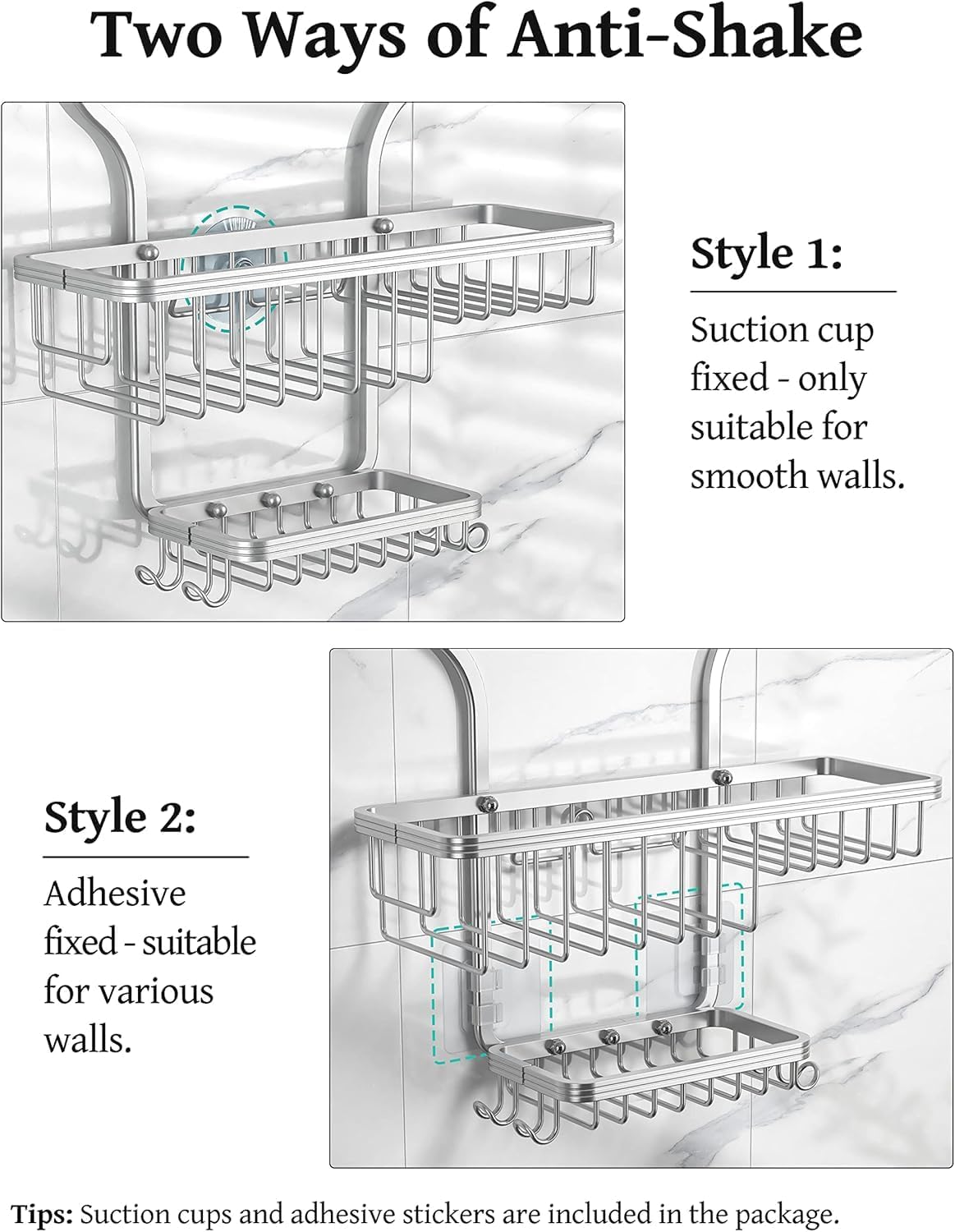 YASONIC Shower Caddy - Rust-Resistant Aluminum Organizer with 10 Hooks & Soap Basket - Silver