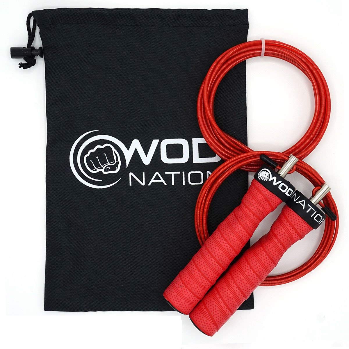 WOD Nation Speed Cable Jump Rope - Adjustable Speed Rope for Double Unders - Skipping Cord for Cardio & Boxing - 11 ft Cable, 2.2/3.3 mm, Red Alloy Steel