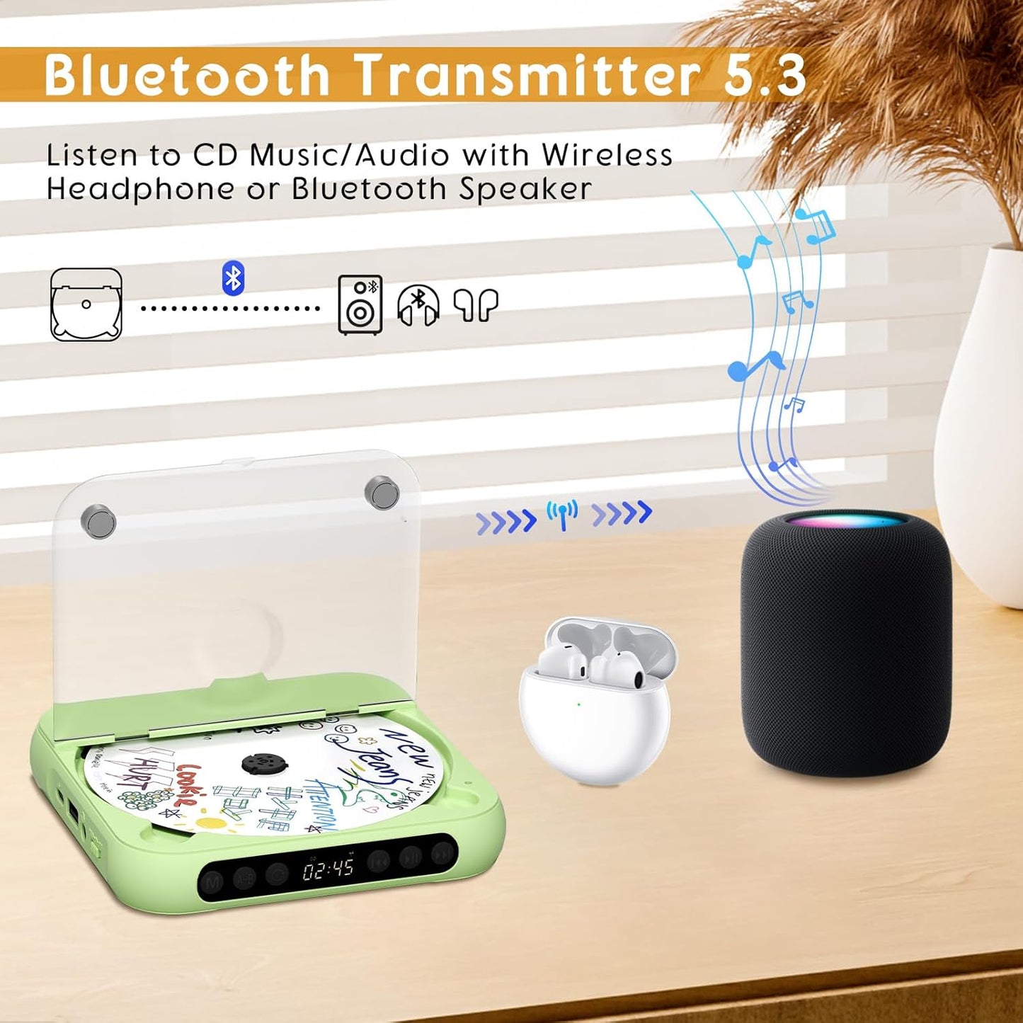 SKYANS Portable CD Player with Bluetooth, Rechargeable CD Player for Home/Car, Built-in HiFi Speakers, Headphones, LCD