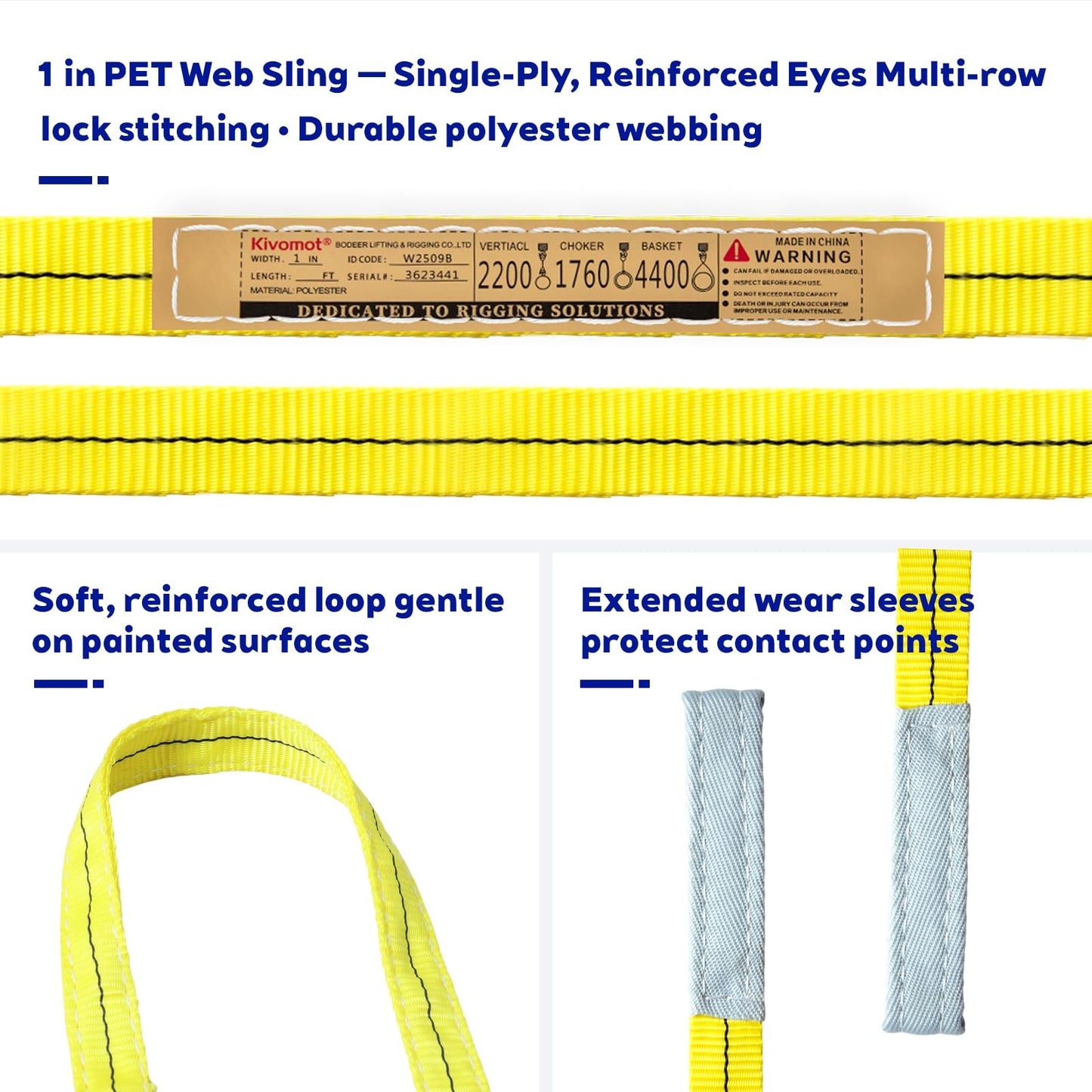 Kivomot Polyester Web Sling Lifting Straps, 2 Pack 6.5 FT x 1 in Eye and Eye Lifting Slings, Flat Rigging and Hoist Straps, WLL 2200 lb Vertical, 1760 lb Choker, 4400 lb Basket