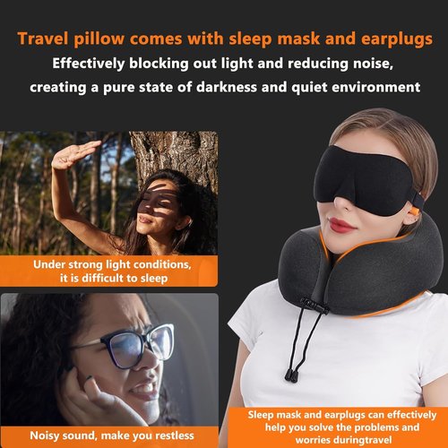 MLVOC Travel Neck Pillow - Upgraded 100% Pure Memory Foam for Airplane Comfort | Includes 3D Eye Mask, Earplugs & Bag - Black