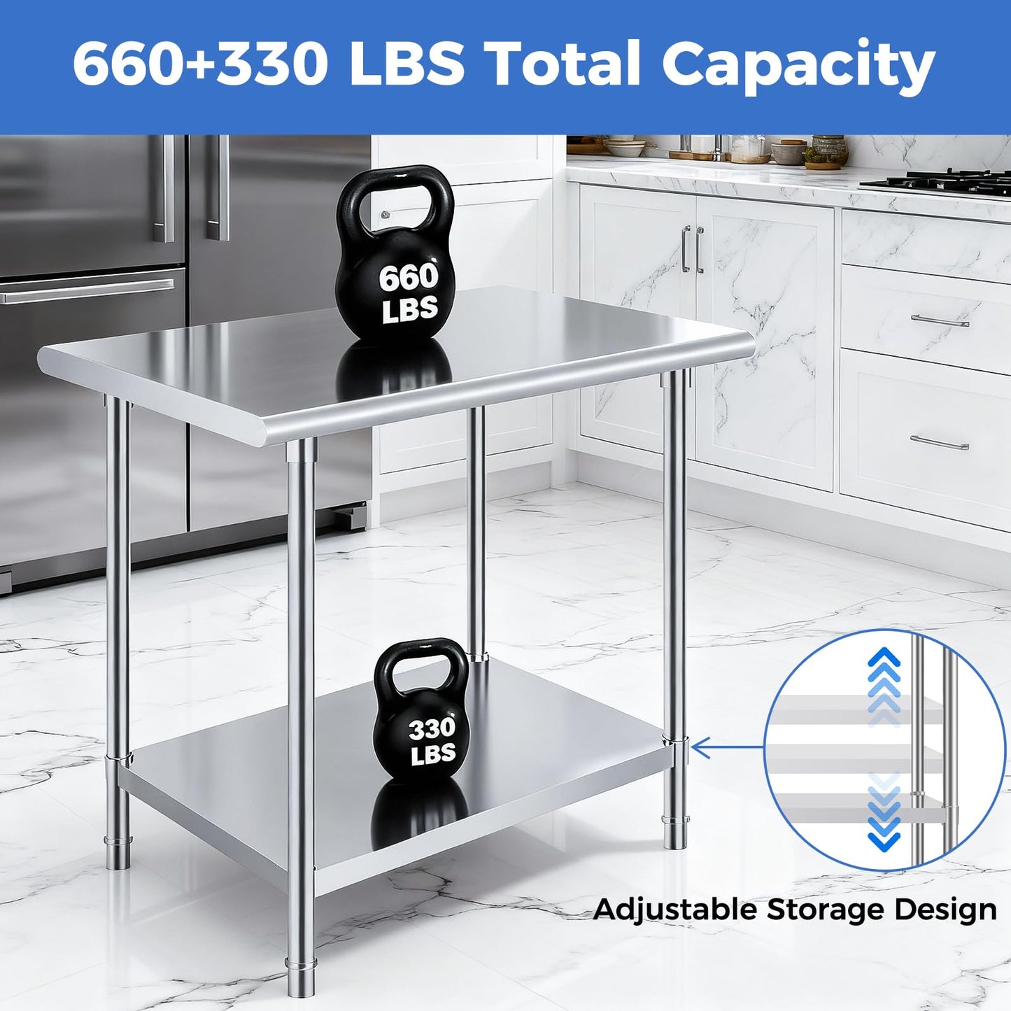 OSTBA Stainless Steel Table for Prep & Work 24x48 Inches with Backsplash, NSF Metal Commercial Heavy Duty Table with Adjustable Undershelf and Foot for Restaurant Kitchen Home and Hotel