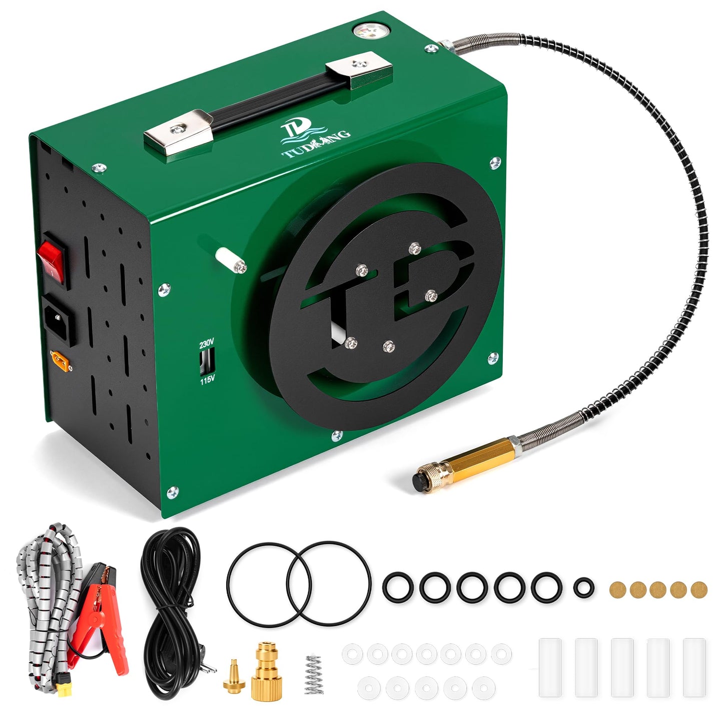 TUDIVING PCP Air Compressor,4500Psi/30Mpa HPA Compressor, Built-in Power Converter for 12V DC or 110V AC with Wire Spool Design,Water/Oil-Free for Pistol Paintball Scuba Tank Air Pump