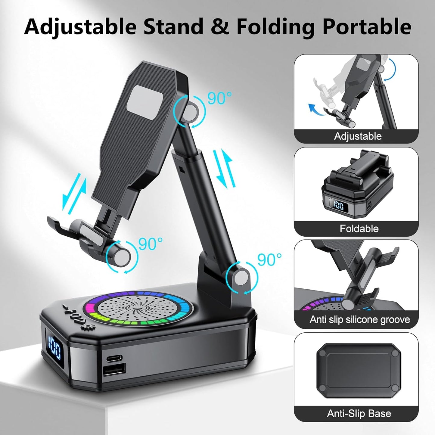 buwy 8 Gifts for Men Women, Cell Phone Stand with Wireless Bluetooth Speaker and RGB Ambient Light, Anti-Slip Base HD