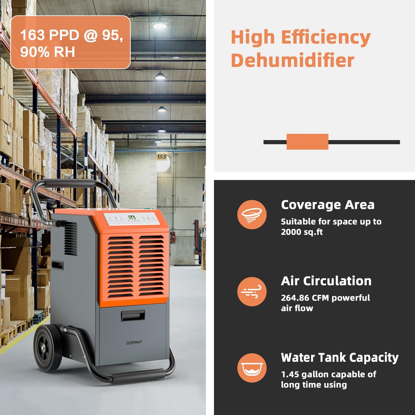 COSTWAY 163 Pints Commercial Dehumidifier, 4500 Sq.Ft Crawl Space Dehumidifier with Drain Hose, 24H Timer, for Basement, Warehouse, Job Site (Orange)