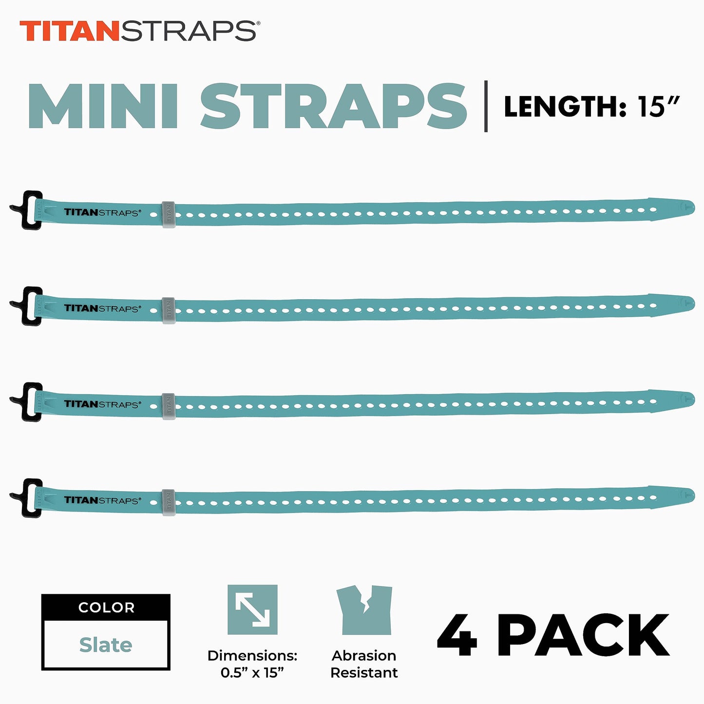 Titan Utility Straps – Mini Straps Set to Organize Computer Cables, Arts & Crafts, and Fishing Rods (15" Length / 4-Pack, Slate)