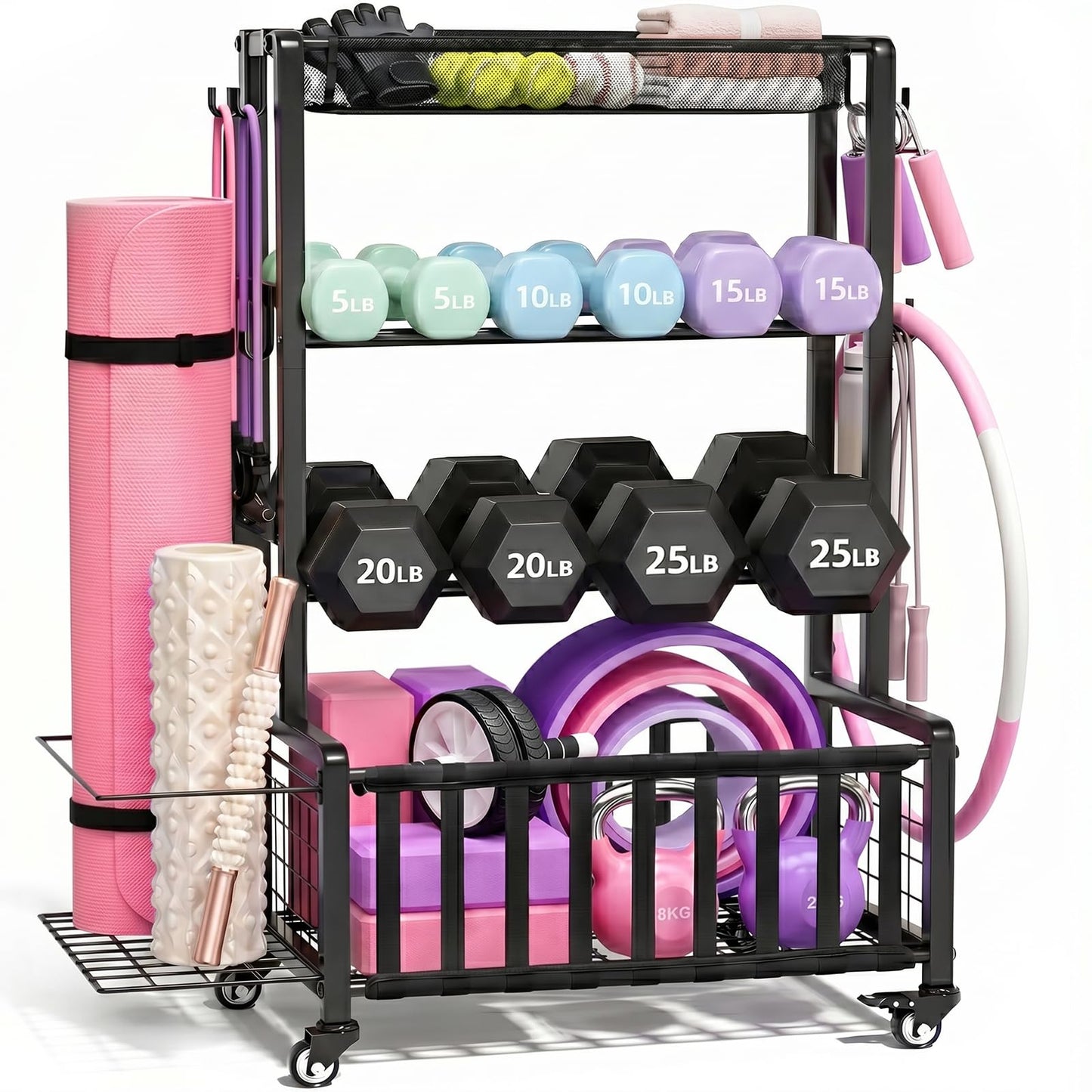 Dumbbell Rack, Home Gym Storage Rack, Adjustable Weight Rack Organizer with Wheels & Hooks, Heavy Duty Gym Equipment Storage, Workout Storage Organizer for Garage Gym