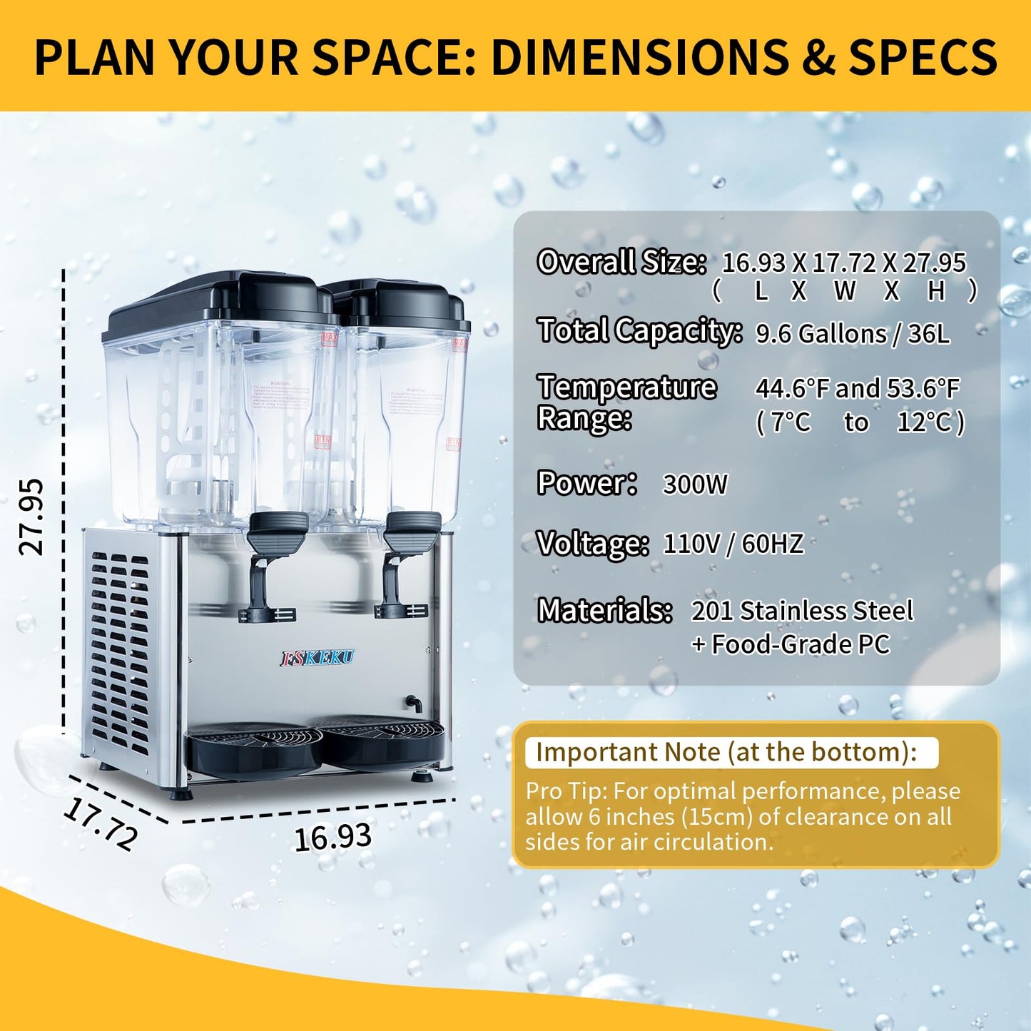 FSKEKU Commercial Beverage Dispenser, 36L (9.5 Gal) Refrigerated Juice Drink Machine, Stainless Steel Cold Iced Tea Cooler for Restaurant, Bar, Buffet