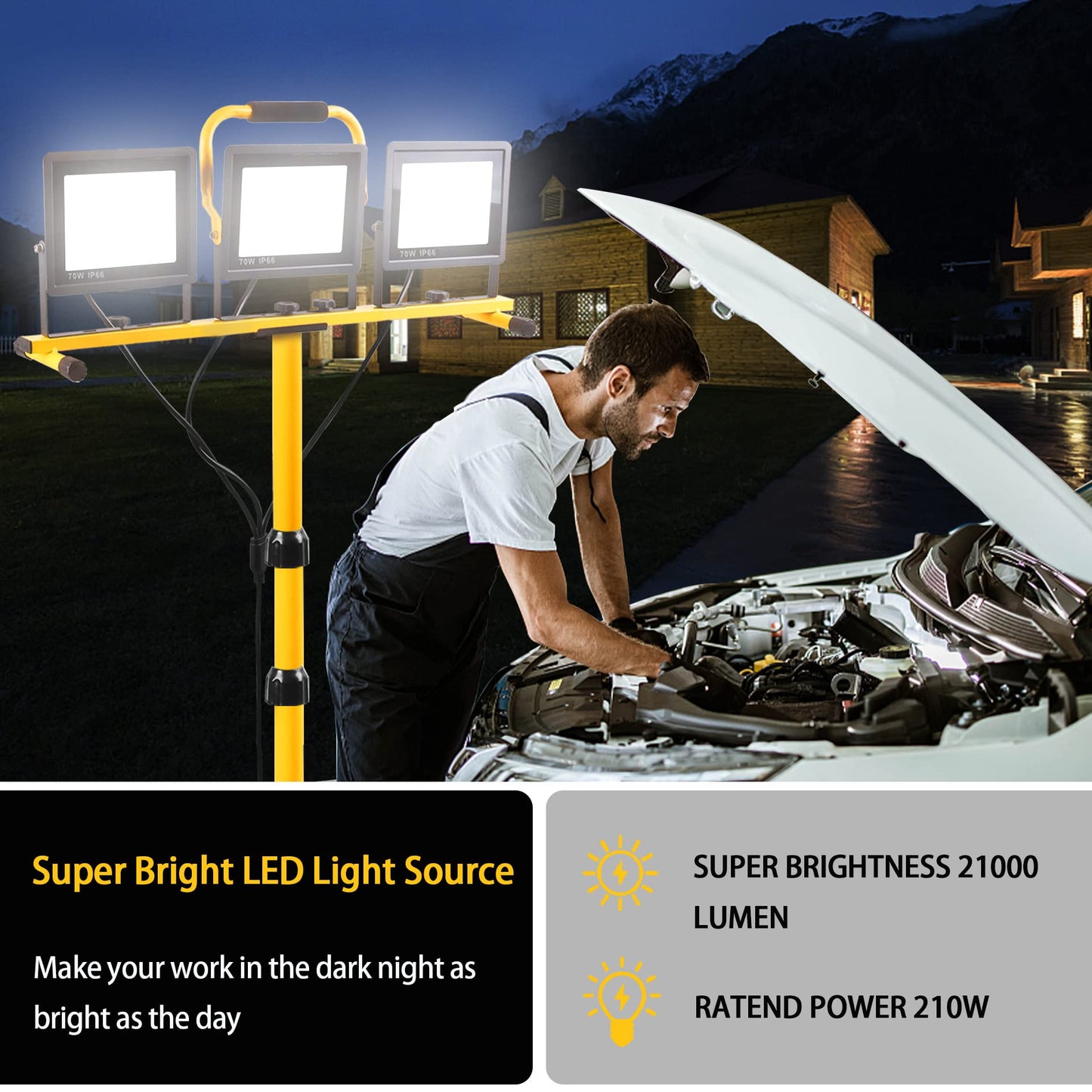 22000 Lumen Work Lights with Stand, 3 Adjustable Head LED Work Light, with Adjustable and Foldable Tripod Stand, Waterproof Lamp with Individual Switch with 6500 Kelvin Color Temperature 2Pack