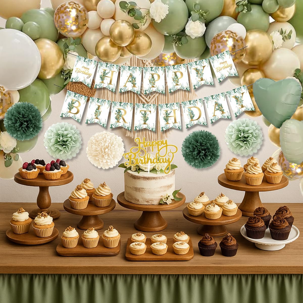 Sage Green Birthday Decorations Set - Balloons, Banner, Pom Poms & Crown for Boho Parties