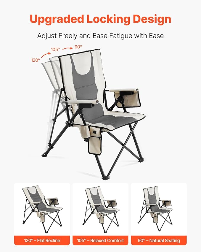 VEVOR Heated Camping Chair, 3 Heat Settings, High Back Folding Camping Chair, Supports 260lbs, Full Padded Beach Chairs with Armrest & Cupholder, Portable Lawn Chairs for Outdoor Sports Travel