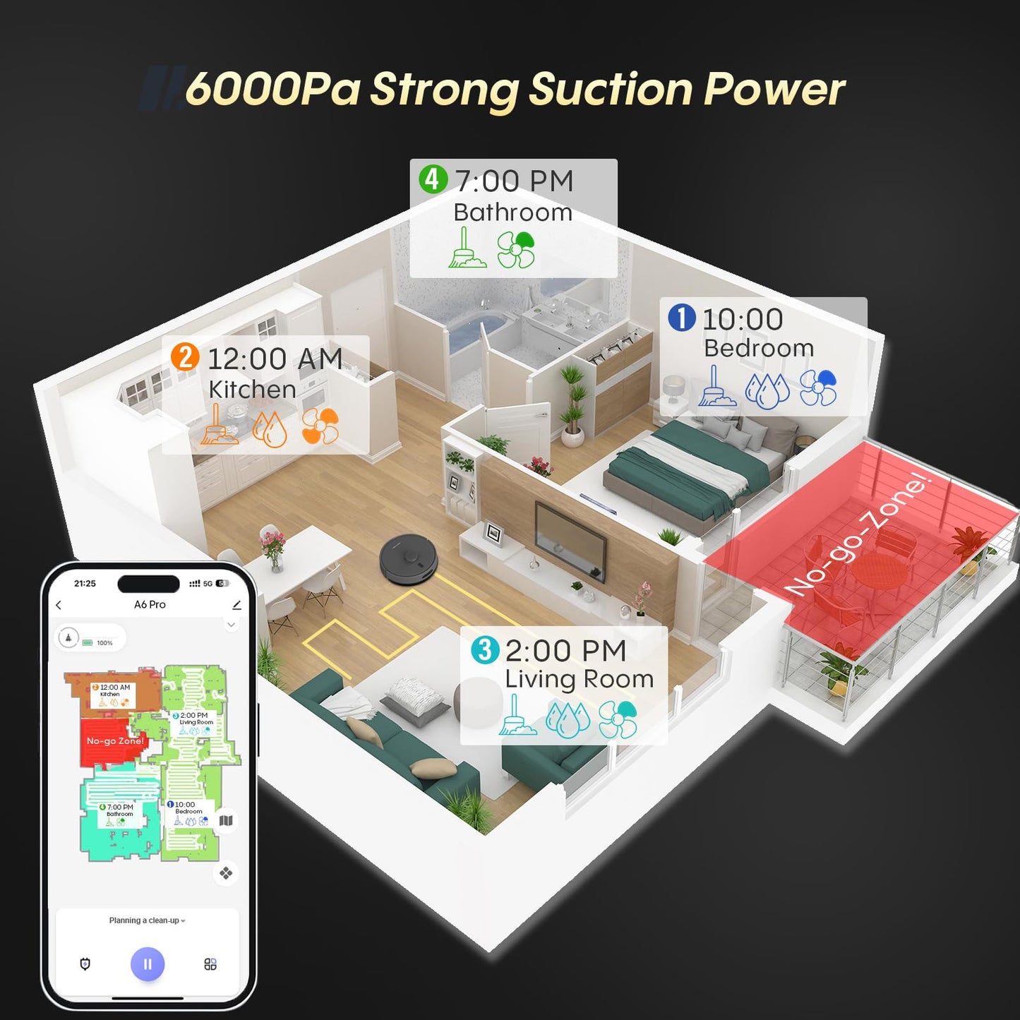 Bagotte Robot Vacuum and Mop with 6000Pa, Robotic Vacuum Self-Emptying with 90 Days Hands-Free,LiDAR Navigation,Fast Home Mapping for Pet, Hard Floors, Carpet
