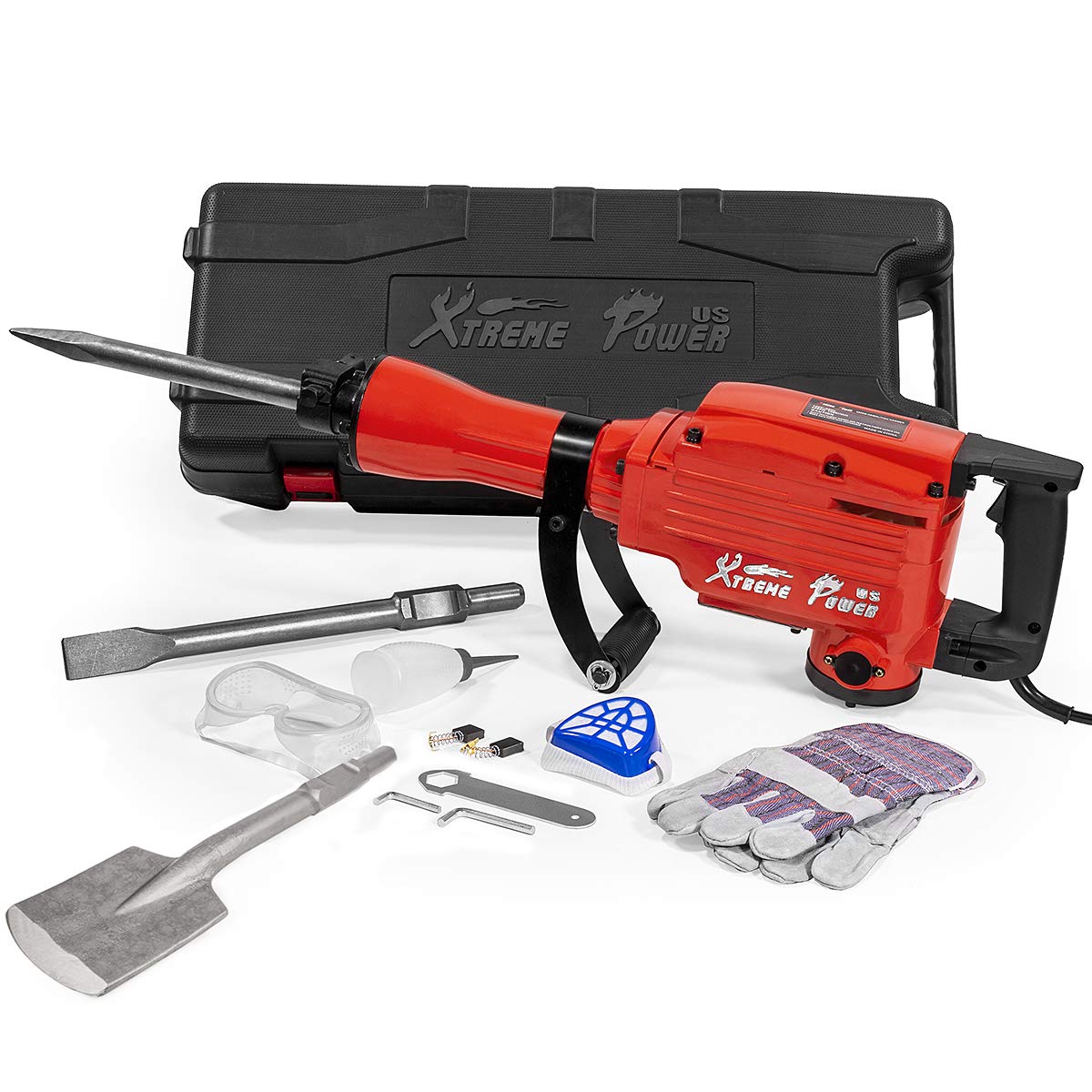 XtremepowerUS 2200W Electric Demolition Jack Hammer Concrete Floor Demo Breaker Cement Breaker Drill (Point Bull, Chisel & Shovel Bits) w/ Case