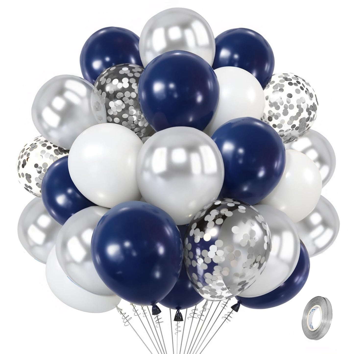 Zesliwy Navy Blue Silver Balloons Kit,50pcs 12inch Royal Dark Blue Metallic Silver White Balloon with Confetti Latex Balloon for Wedding Graduation Birthday Anniversary Party Decorations