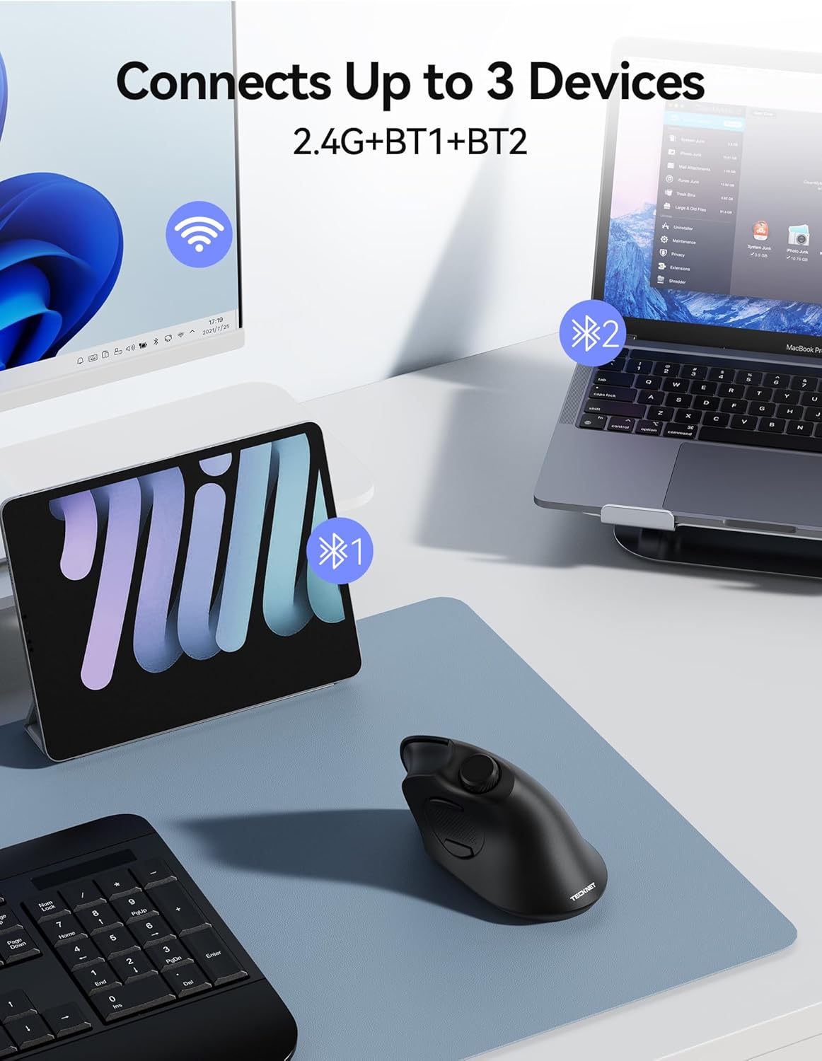 TECKNET 5.0/5.0+2.4G), 6 Ergonomic Mouse, Rechargeable Wireless Bluetooth Mouse (BT Vertical Mouse with Volume Knob