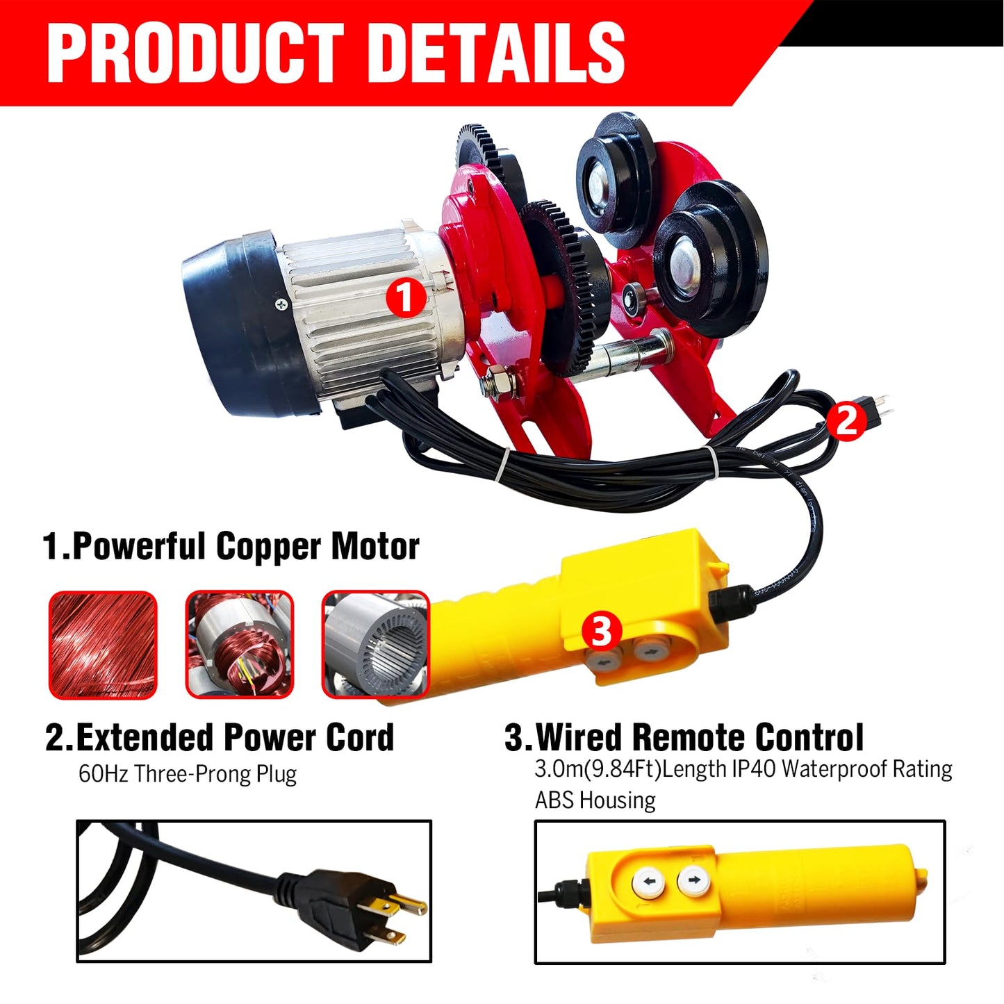Electric Trolley for Power Hoist 2200LBS Capacity,Fit 2.68-4.33 in I-Beam,Push Geared Overhead Crane Heavy Duty Wheels System for PA200 to PA1000 Hoists,Perfect for Gantry Cranes,Warehouses