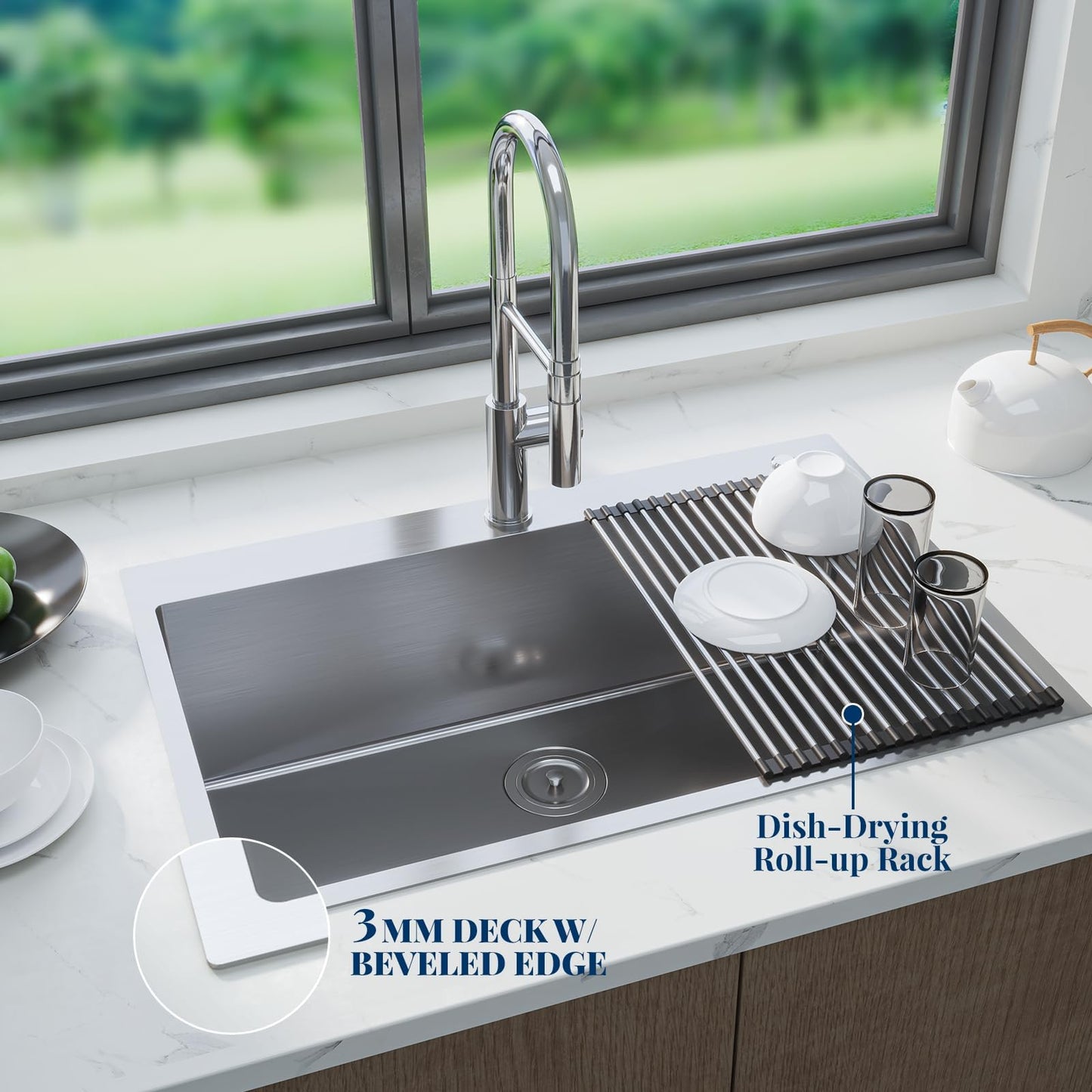 GarveeHome Kitchen Sink - 33 in Single Bowl Stainless Steel Undermount Sink, 16 Gauge Commercial Grade with Easy Drain System & Brushed Nickel Finish