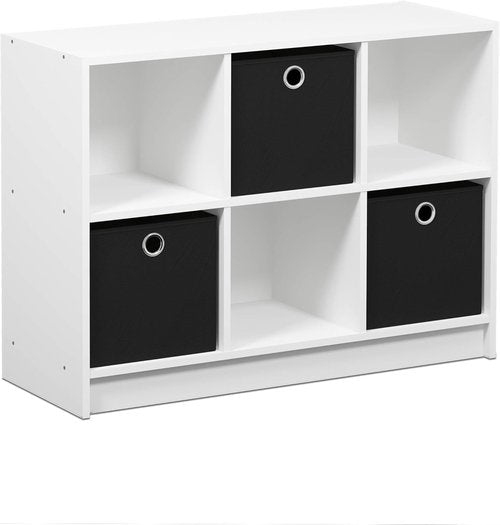 Furinno 3x2 Cube Storage Bookcase - Stylish Organizer with Bins in White and Black