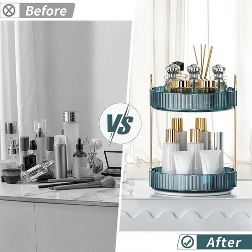 INVSSENE 360° Rotating Makeup Organizer - Large Capacity Vanity Shelf for Cosmetics & Skincare | Blue, 2 Tiers