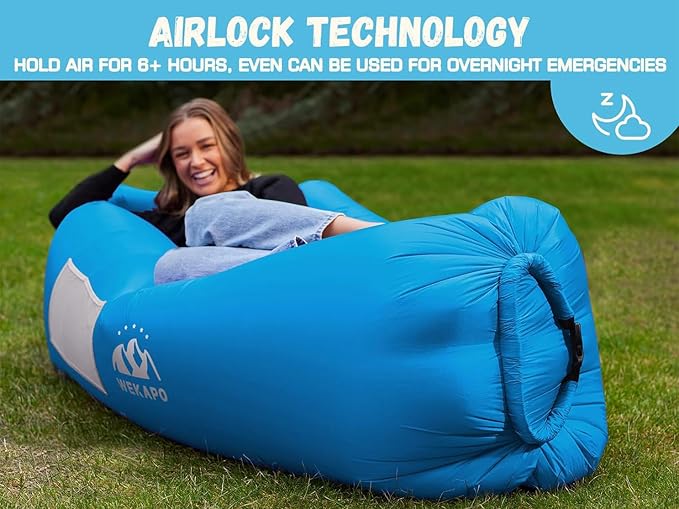 WEKAPO Inflatable Couch with Pump - Easiest Setup, Crazy Comfy & Ultralight - Blow up Lounger Chair Perfect for Hiking, Camping, Beach, Festivals - Lightweight Air Sofa for Relaxing Anywhere