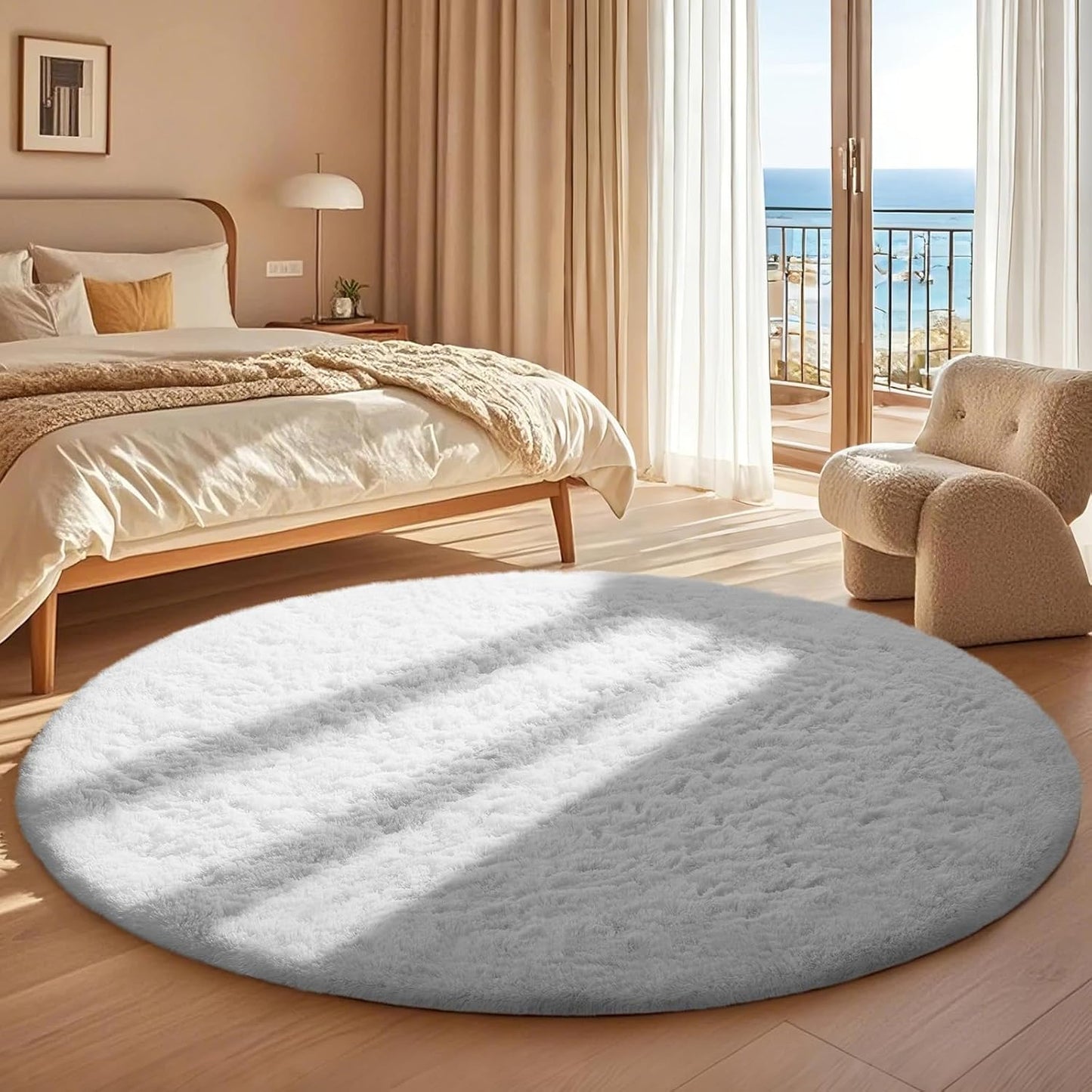 Ophanie White Round Rug - 5Ft Circle Area Rug for Aesthetic Room Decor | Plush Soft Shaggy Carpet
