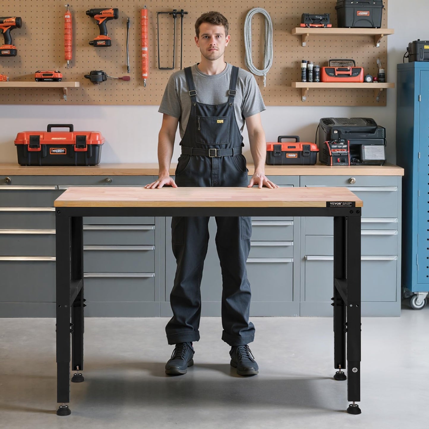 VEVOR Adjustable Workbench, 48 x 20-inch Heavy Duty Work Bench with 28.5-38.3 Inches Height Adjustment, 2000 lbs Capacity Garage Workbench with Power Outlets, Suitable for Office, Garage, Workshop