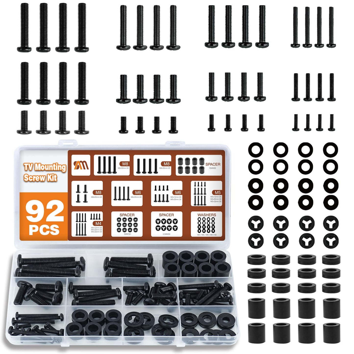 Solid As Mountain 92PCS Set M4 M5 M6 M8 80", Universal TV Mounting Hardware Screw Kit - Screws, Spacers and Washers