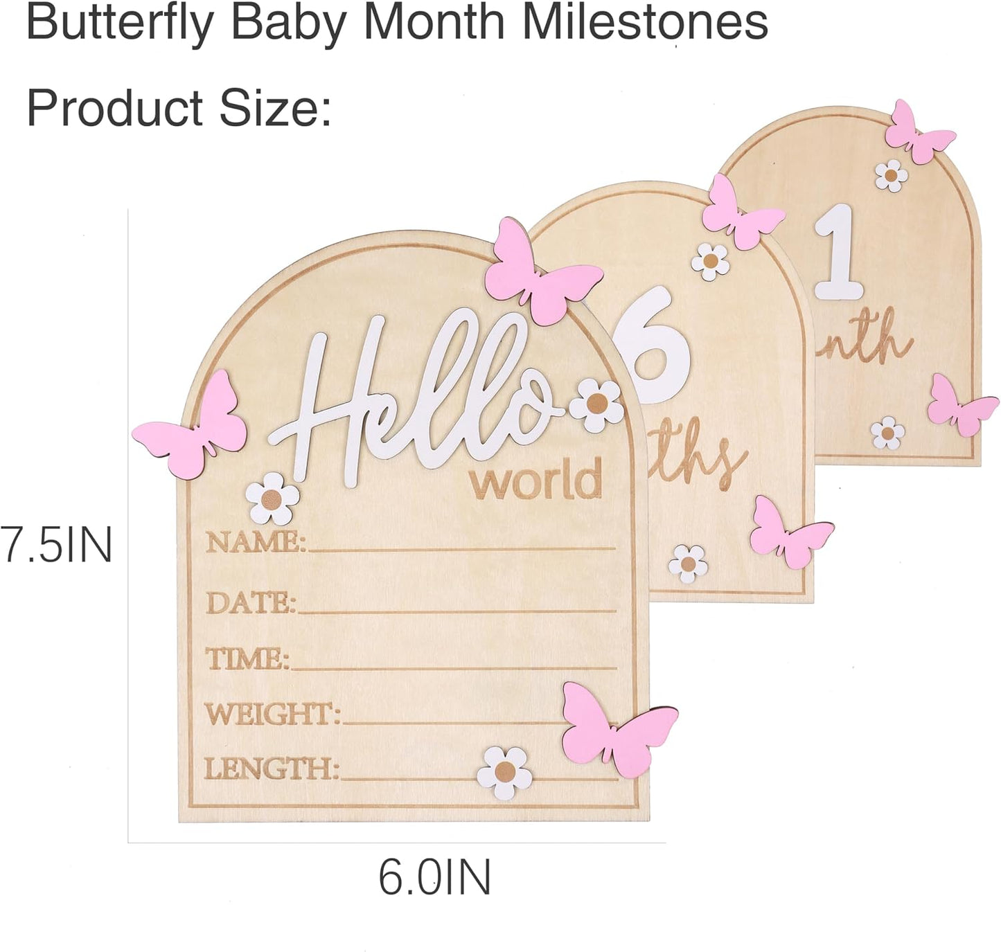 Board,3D Pink Butterfly Hello World Newborns Welcome Wooden Monthly Milestone Cards,Pink Butterfly Newborn Birth