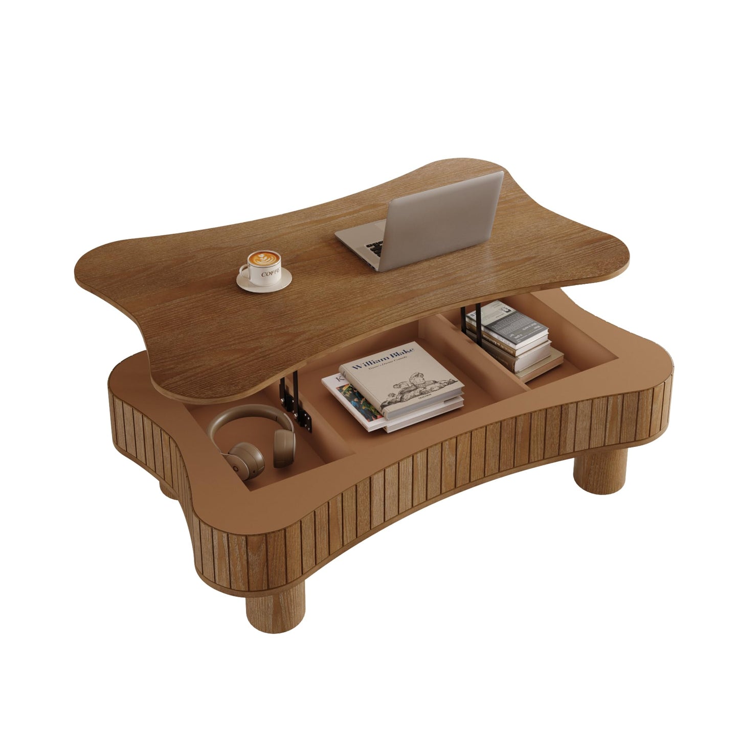 Zurnes Lift Top Coffee Table with Storage, 42" Accent Table for Living Room, Fluted Panel Hidden Storage, Silent Hydraulic Lift, Curved Corners, Easy Assembly, Walnut