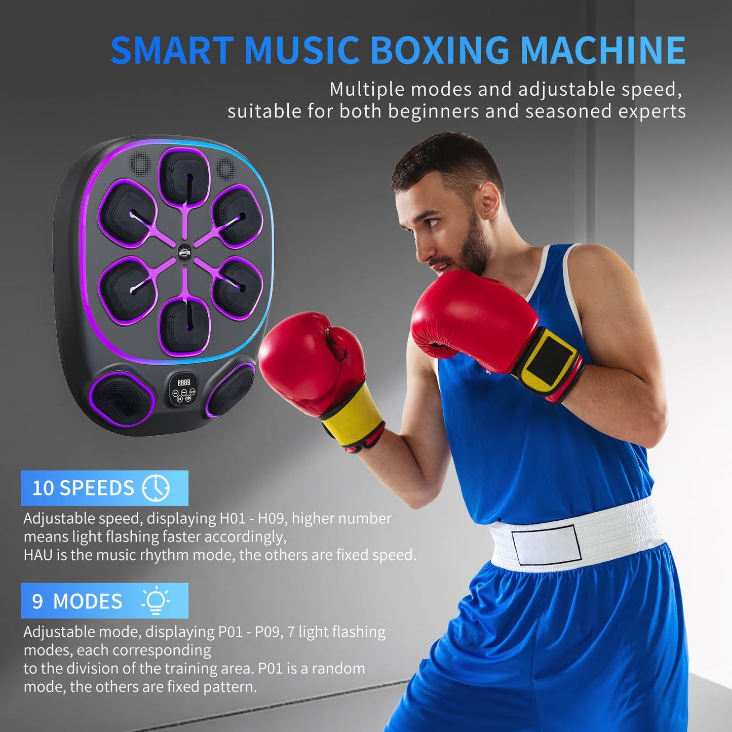 Music Boxing Machine for Adult: 6+2 Targets Music Punching Machine with Gloves Large Size Boxing Workout Target Equipment - 9 Modes& 10 Speeds for Home Gym Bar - 2025 Large