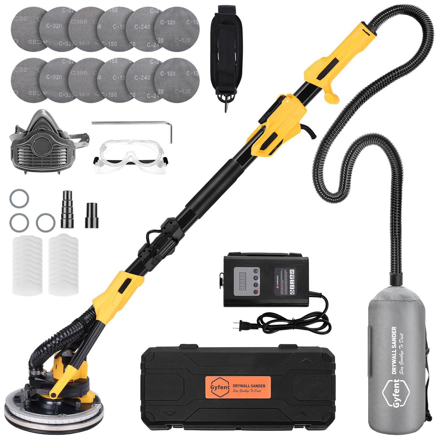 Gyfent Brushless Drywall Sander, 1200W 10-Amp Popcorn Ceiling Removal Tool with 800-2200RPM 8 Variable Speed 12pcs Sanding Discs Drywall Sander with Vacuum Dust Collector LED Light for Ceiling Sanding
