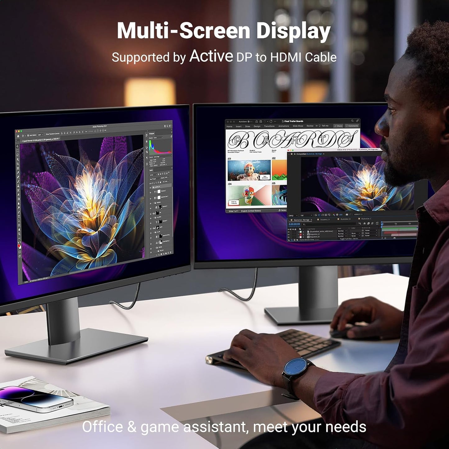 4K@60Hz 1.2 2.0 6.6FT UGREEN DisplayPort to HDMI Cable HDR Active DP to HDMI Cord Aluminum Braided Uni-Directional