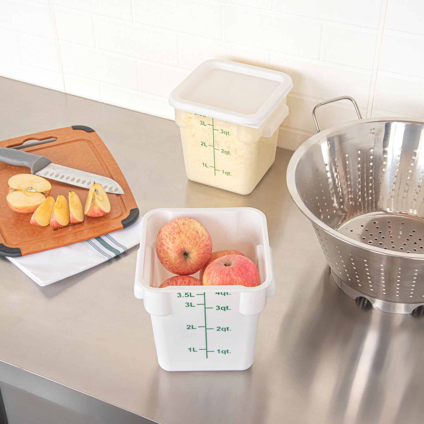 Restaurantware Food Storage Container 10 Pack of 4 qt Plastic Kitchen Storage Bin with Volume Markers Space-Efficient Design Dishwasher-Safe Polypropylene White