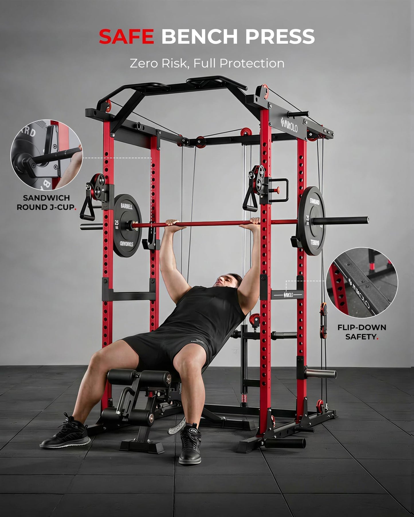 Mikolo K6 2.0 Power Cage, Power Rack with Cable Crossover System, 2000LBS Squat Rack with LAT Pull Down System, Functional Trainer with Aluminum Pulley System for Home Gym, Red