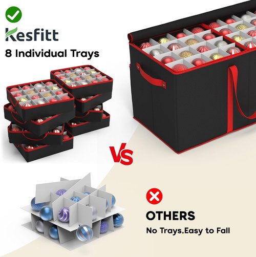 Kesfitt Christmas Ornament Storage Box - Large Organizer with 8 Trays & Dividers for 128 Ornaments | Black