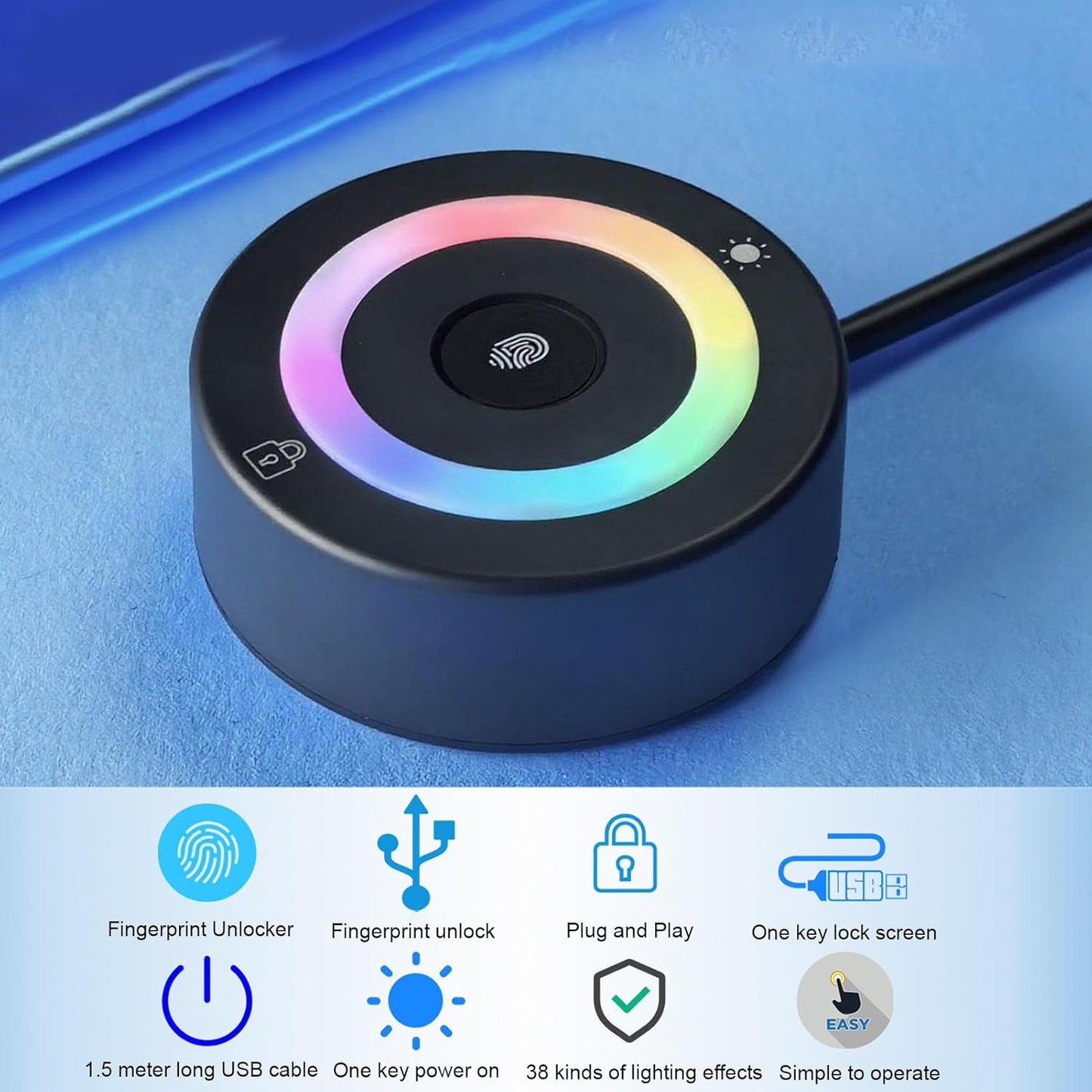 ciciglow 10 11, 4.9ft 360 USB Fingerprint Reader for Wins for Wins Hello Biometric Fingerprint Scanner with Cable, RGB