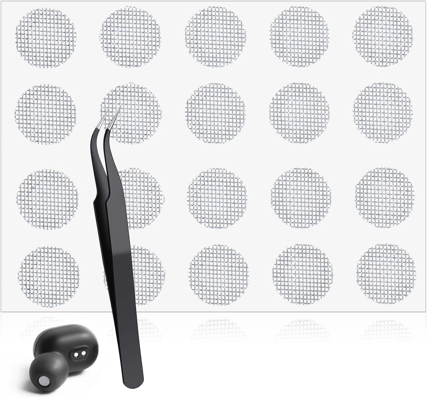 Macuezu 20 4 Mm PCS Earbud Mesh Replacement with Tweezers, Stainless Steel Earbud Dust Filter Mesh Compatible with Most