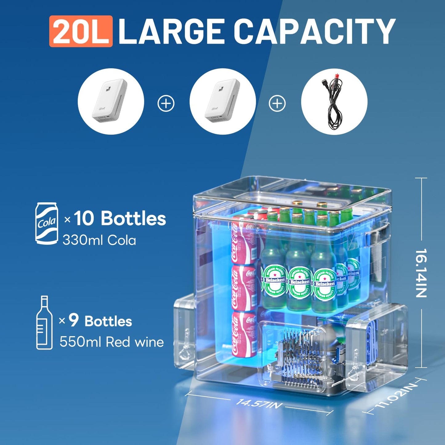 LiTHELi 20L/21QT Compressor Car Refrigerator, 12V Portable Freezer with 2 U20 Batteries, 15min Rapid Cooling -4℉ to 68℉, Backpack Electric Cooler for Camping, Road Trips, RV