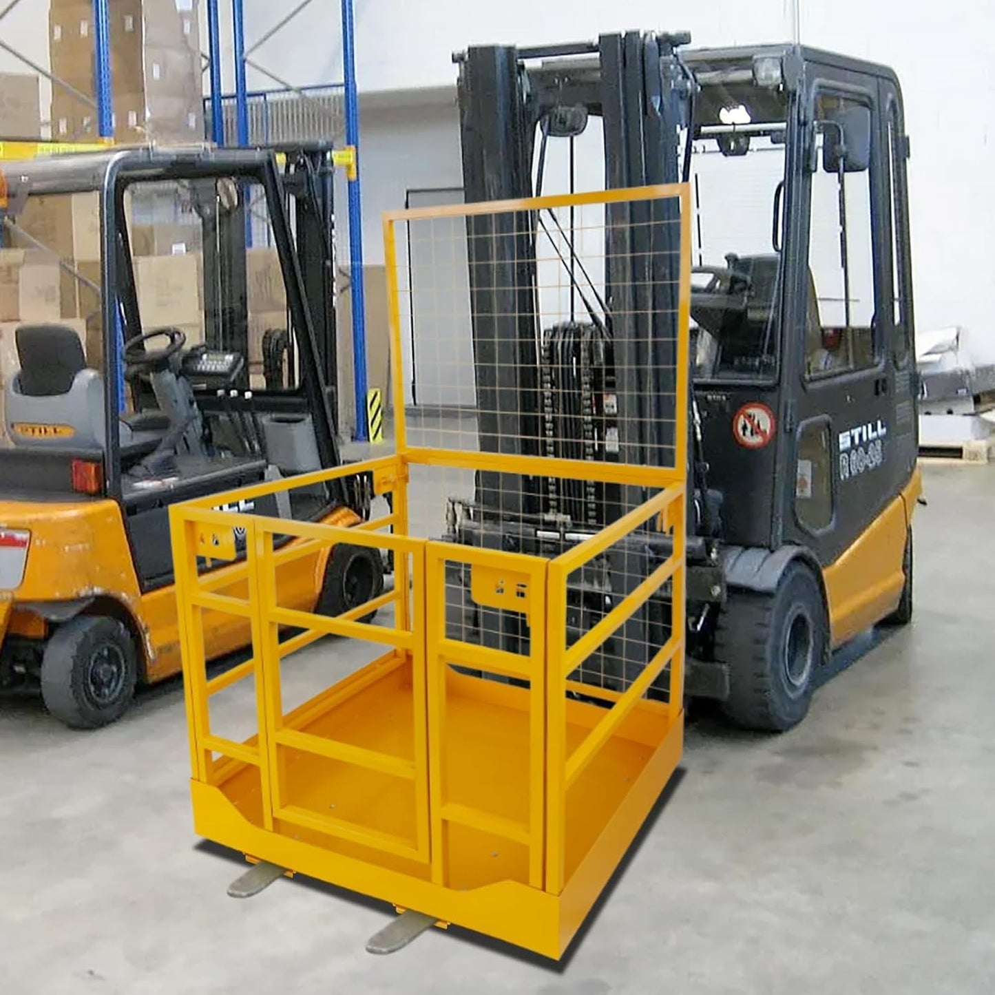 43"x45" Forklift Platform Safety Cage,Work Platform for Loader,Man Basket for Forklift,1800lbs Capacity with Safety Harness & Lock,2-Man Collapsible Lift Basket for Lifting Loader (Yellow W/Wheels)